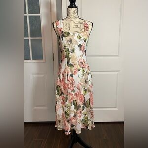 Connected Apparel Floral White and‎ Pink Sleeveless Midi Dress